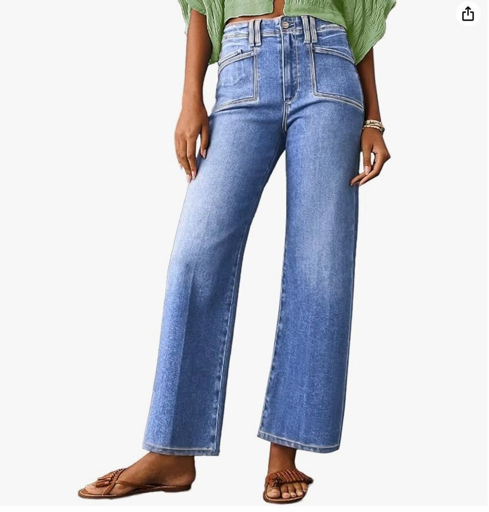 NWT Womens Wide Leg Jeans High Waist Stretchy Denim Pants Trendy Patch Pocket 16